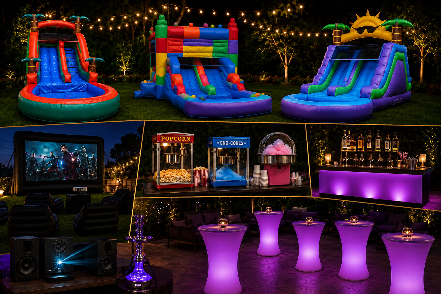 Empire VIP package with LED cocktail tables, movie screen, bounce houses and concessions