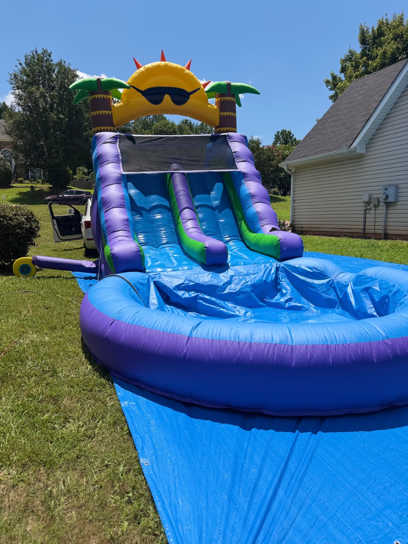 Purple and blue tropical water slide with large splash pool